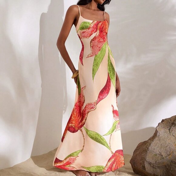 Multicolor Boho Women's Woven Printed Long Dress With Spaghetti Straps - Picture 3 of 7